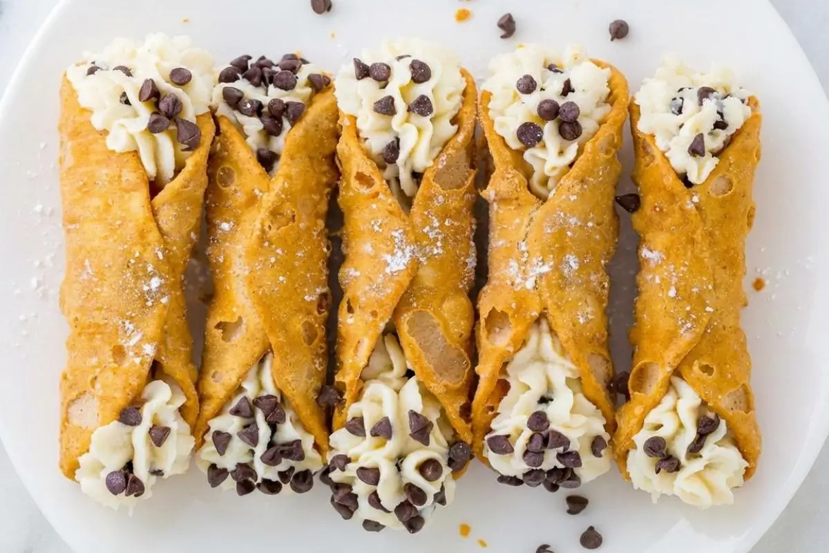 The Interactive Dessert Bar & Clever Leftovers A beautiful overhead view of five freshly assembled cannoli with ricotta and chocolate chips lined up on a classic white plate, finished with a light dusting of powdered sugar and scattered chocolate chips.