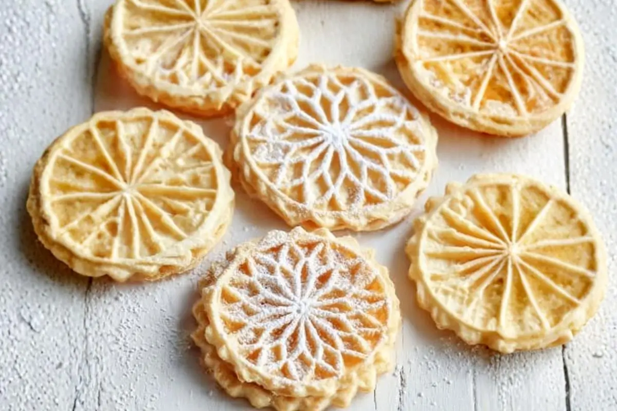 Perfect Italian Pizzelle Cookies for Sweet Memories Italian Pizzelle cookies An overhead view of delicate, round traditional Italian holiday cookies with intricate star and wagon-wheel patterns, some lightly dusted with powdered sugar, scattered across a rustic white wooden table.
