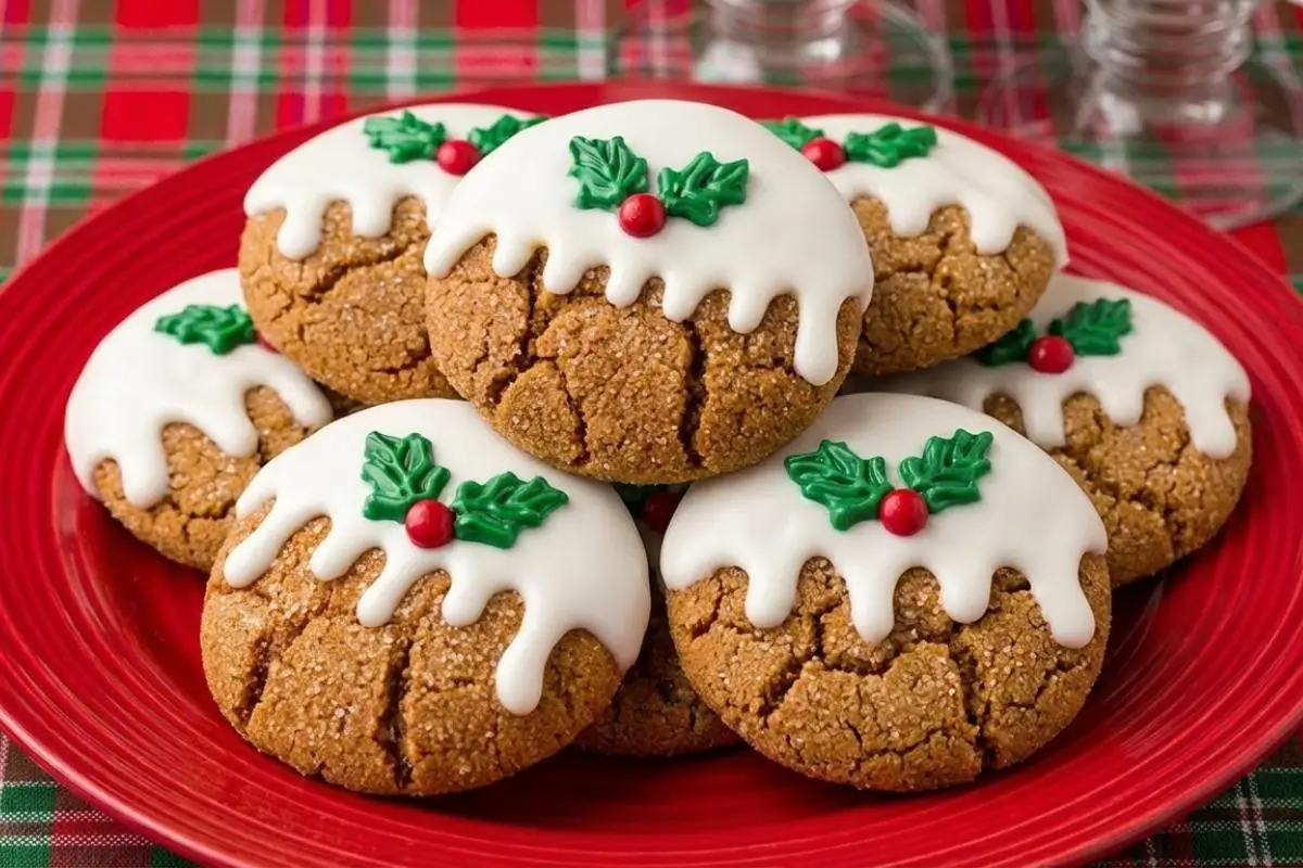 The Make-Ahead Freezer Guide & Flavor Twists A vibrant red plate stacked high with make-ahead white chocolate dipped ginger cookies, showing off their crackly, sugar-coated texture, glossy white icing drips, and sweet candy holly decorations, sitting on a festive plaid tablecloth.