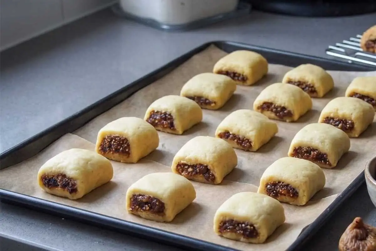 The Make-Ahead Holiday Schedule A dark baking sheet lined with parchment paper filled with neat rows of unbaked make-ahead Italian fig cookies, showing the pale, tender dough wrapped around a dark, spiced fruit filling.