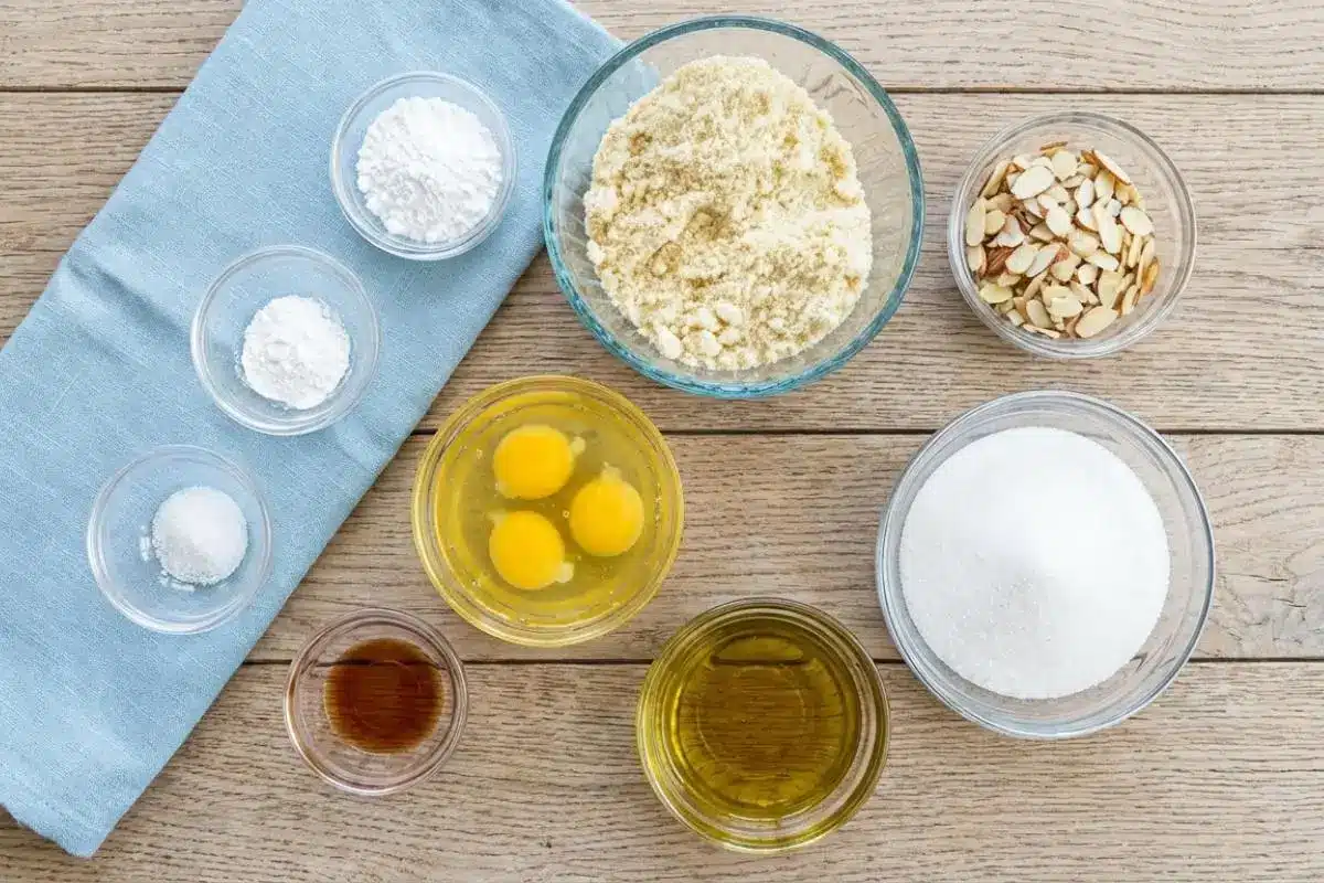 The Simple Ingredients You Need for Italian Almond Cake A top-down view of the simple Italian almond cake ingredients, including almond flour, sugar, eggs, olive oil, and sliced almonds, arranged beautifully in clear glass bowls on a light wooden table next to a soft blue linen cloth.