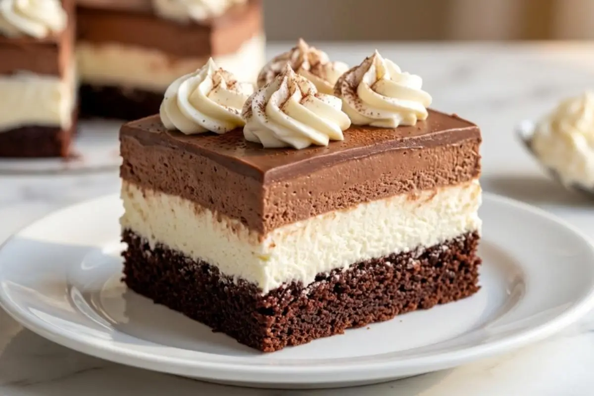 Tips, Tricks & Troubleshooting A beautifully layered slice of chocolate and ricotta dessert resting on a white plate, showcasing the results of our best Italian Love Cake tips with perfectly piped cream rosettes on top.