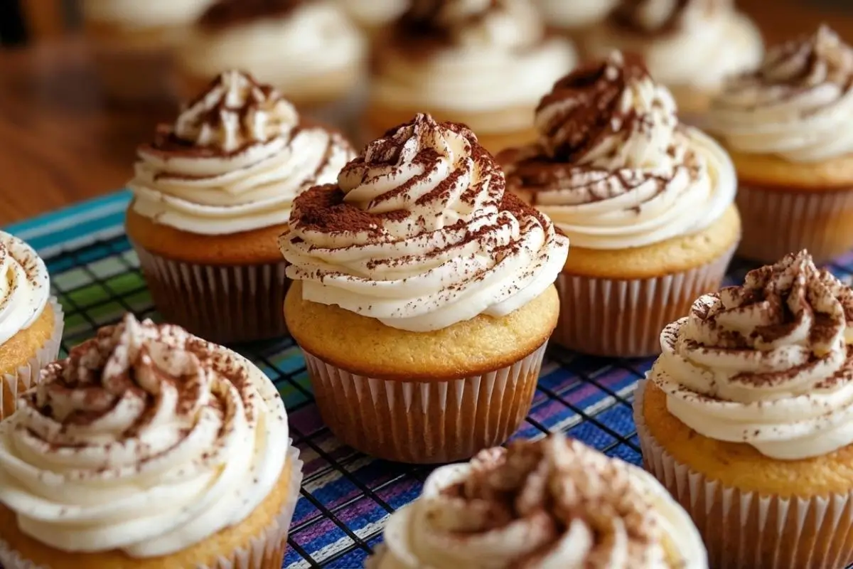 _Tiramisu Cupcakes A close-up view of freshly frosted tiramisu cupcakes sitting on a wire cooling rack, topped with generous swirls of white mascarpone frosting and beautifully dusted with rich cocoa powder.
