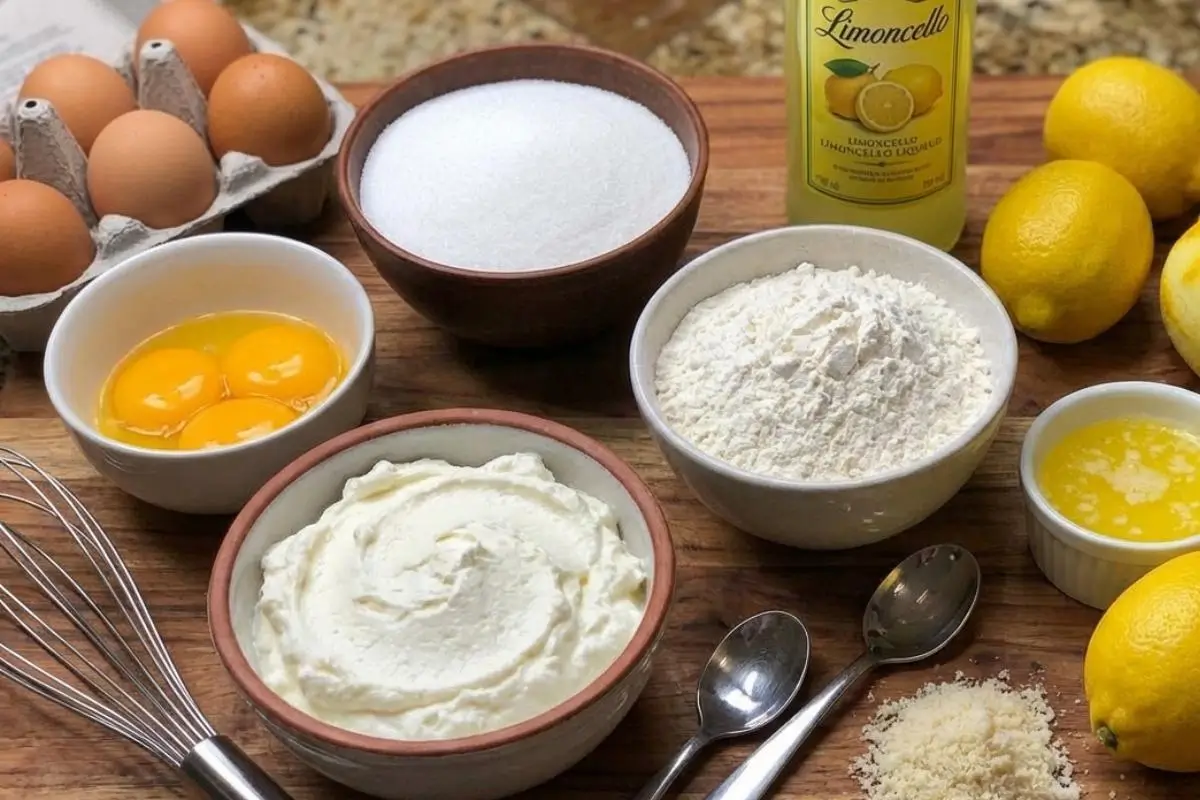 Velvety Limoncello Ricotta Cloud Cake An overhead view of the simple limoncello ricotta cake ingredients arranged on a rustic wooden board, featuring a bowl of creamy ricotta cheese, fresh bright lemons, a bottle of limoncello, eggs, sugar, flour, and a wire whisk.