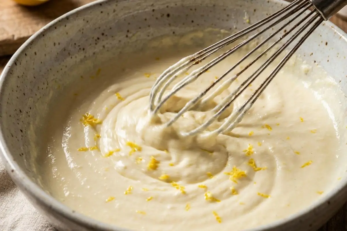 What Is Ricotta Pie Tradition Clarity A close-up of a wire whisk mixing fresh yellow lemon zest into a smooth, creamy traditional ricotta pie filling inside a rustic, speckled ceramic bowl.