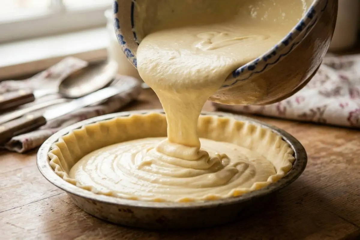 What Is Ricotta Pie A thick, smooth, and creamy sweet filling being poured from a rustic blue-rimmed bowl into a prepared pastry crust to make a homemade Italian ricotta pie, set on a weathered wooden table near a sunny window.