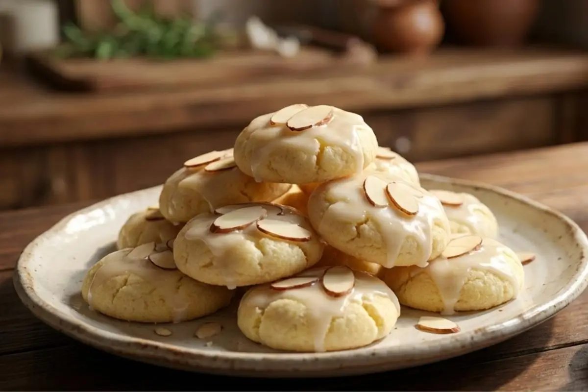 Why This Almond Meltaway Cookie Works A cozy, rustic plate piled high with soft almond meltaway cookies, each drizzled with a sweet glaze and topped with toasted sliced almonds.