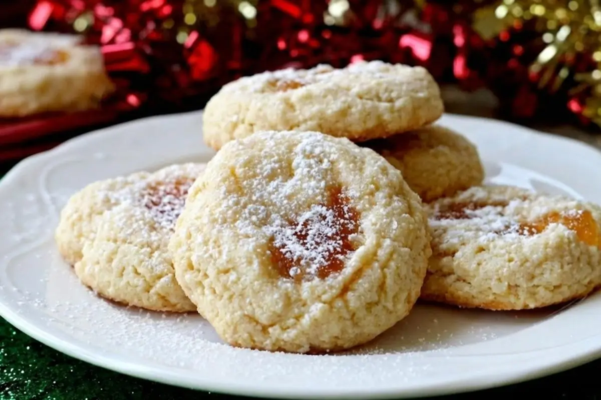Why This Apricot Cream Cheese Cookie Works A close-up of soft, powdered sugar-dusted apricot cream cheese cookies with golden jam centers, stacked on a white plate with festive red and gold holiday decor in the background.