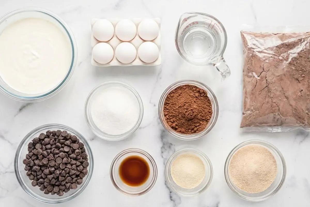 Why This Cake Is a Smart Host’s Secret Weapon An overhead view of the simple Italian Love Cake ingredients arranged in glass bowls on a white marble surface, including a box of chocolate cake mix, fresh eggs, ricotta cheese, chocolate chips, and vanilla extract.