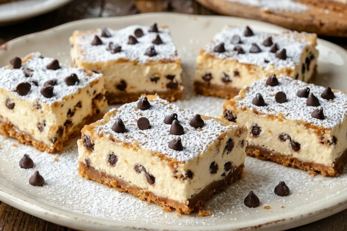 Why This Cannoli Cheesecake Bar Works Five square cannoli cheesecake bars resting on a rustic ceramic plate, featuring a golden crumb crust and a creamy ricotta filling studded with mini chocolate chips, all finished with a light dusting of powdered sugar.