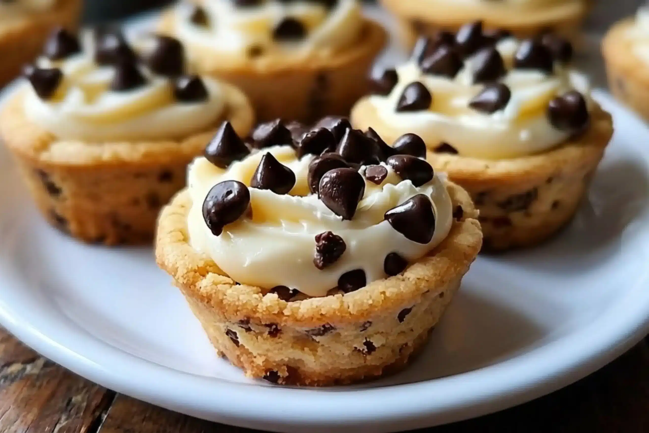 Why This Cannoli Cookie Cups Recipe Works! A close-up of a white plate holding several treats from an easy cannoli cookie cups recipe, featuring a soft, baked chocolate chip cookie shaped into a tiny bowl, generously piped with sweet ricotta cream and sprinkled with mini chocolate chips.