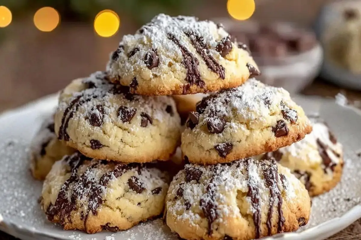 Why This Cannoli Cookie Recipe Works A beautiful stack of freshly baked treats from an easy cannoli cookie recipe, studded with chocolate chips, finished with a rustic dark chocolate drizzle and a light dusting of powdered sugar, sitting on a white plate with warm golden lights in the background.