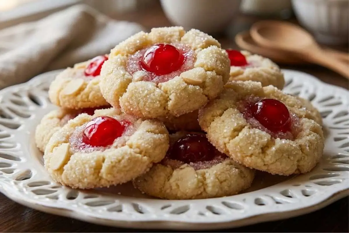 Cherry Almond Amish Sugar Cookies: My "No-Chill" Secret to Melt-in-Your-Mouth Memories Cherry Almond Amish Sugar Cookies A stack of freshly baked cherry almond amish sugar cookies resting on a vintage white lace-patterned plate, featuring sparkling sugar-coated edges, flaked almonds, and bright red cherry centers.