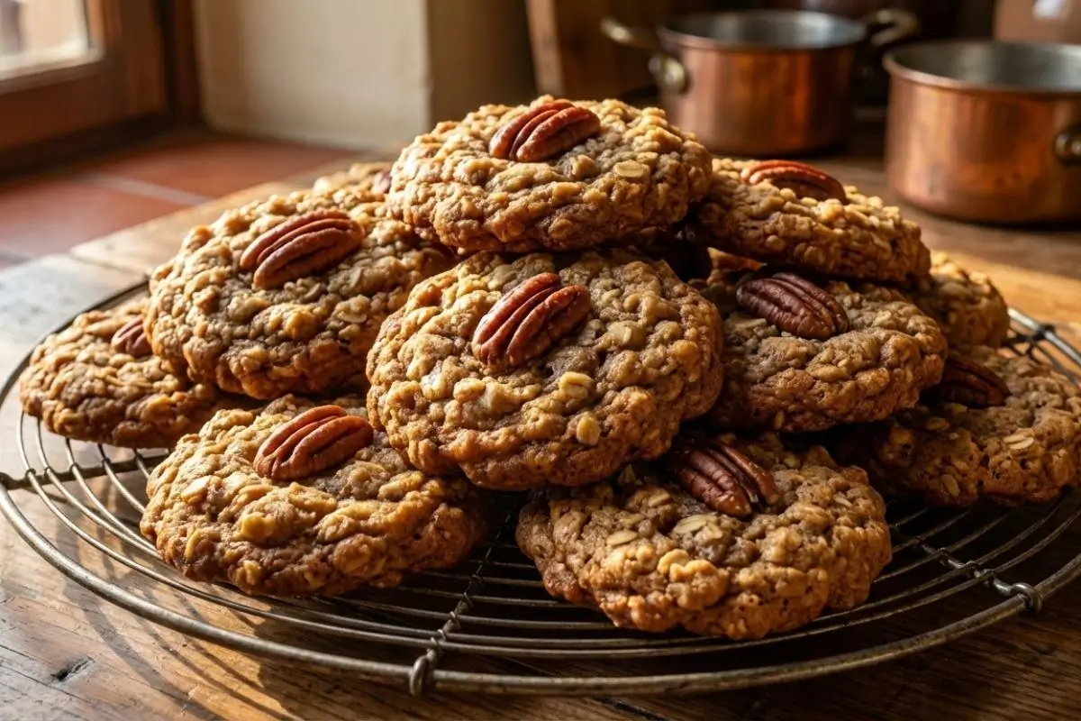 Why This Chewy Brown Sugar Pecan Oatmeal Cookie Works A warm, sunlit stack of thick, chewy brown sugar pecan oatmeal cookies resting on a round vintage wire cooling rack on a wooden table, each perfectly topped with a single whole pecan.
