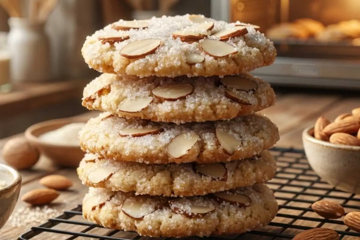 Why This Italian Almond Sugar Cookie Works A tall stack of five freshly baked Italian almond sugar cookies topped with sliced almonds and sparkling coarse sugar, resting on a wire cooling rack on a rustic wooden table with whole almonds in the background.