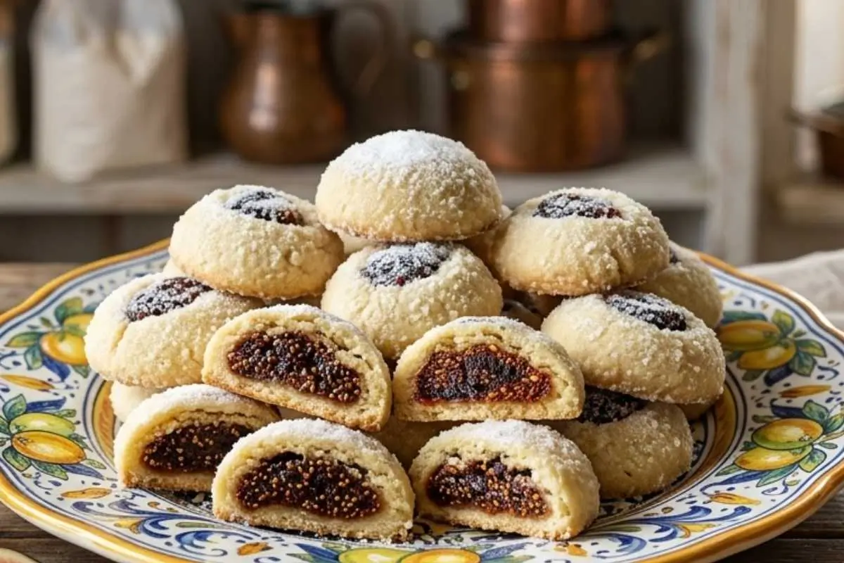 Why This Italian Fig Cookie Works A colorful Italian ceramic plate piled high with traditional Italian fig cookies, dusted with sugar, with several cut in half to reveal a rich, dark, spiced fig filling.