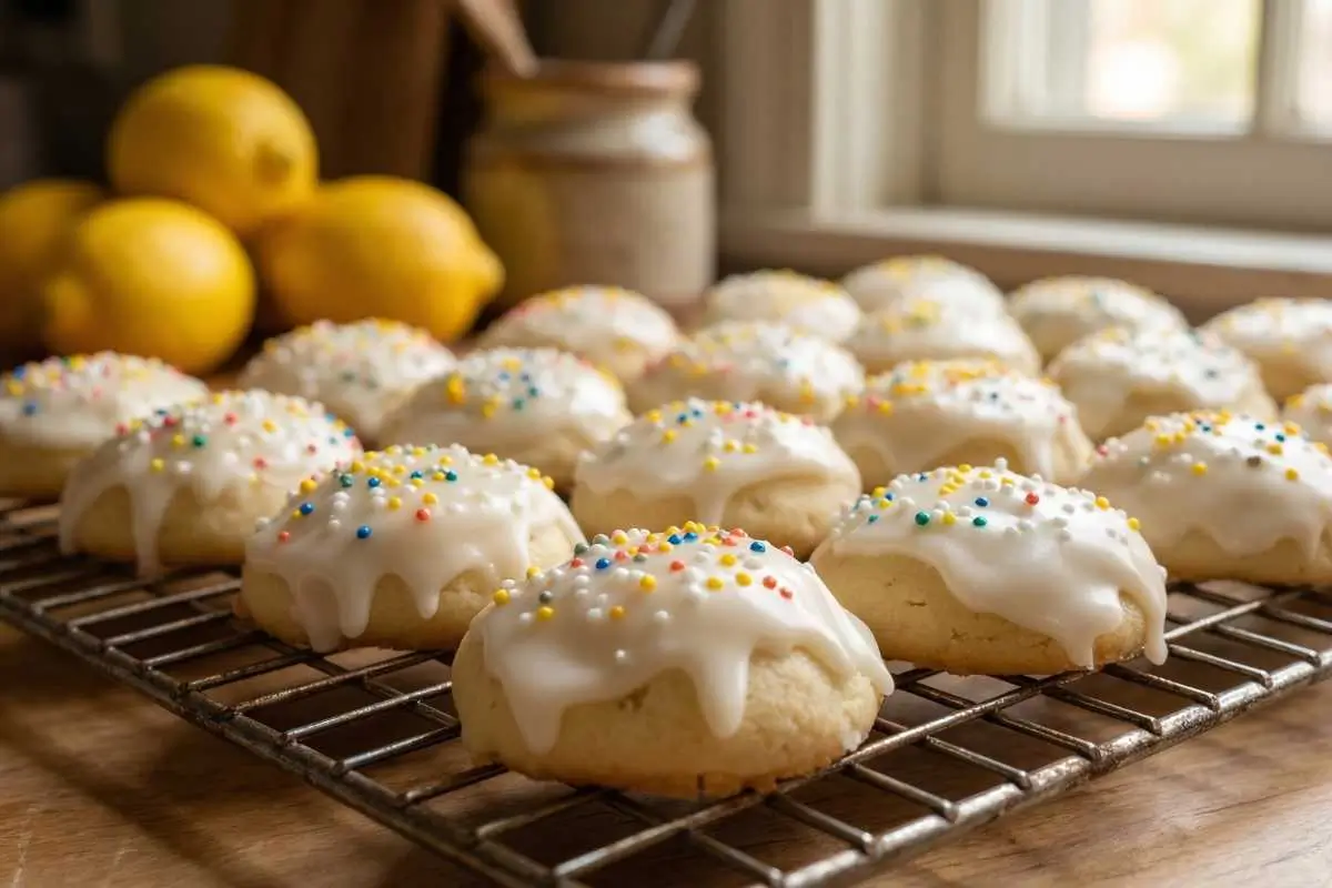 Why This Italian Lemon Drop Cookie Works A batch of soft, freshly glazed Italian lemon drop cookies topped with colorful sprinkles resting on a wire cooling rack with fresh lemons in the warm background.