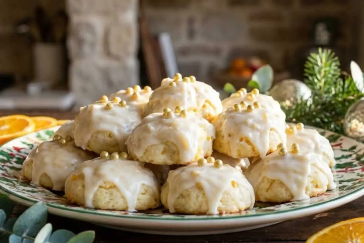 Why This Italian Orange Ricotta Cookie Works A festive, patterned platter filled with a mound of soft Italian orange ricotta cookies covered in sweet white glaze and decorated with golden sugar pearls, set on a rustic wooden table with fresh orange slices and holiday greenery.