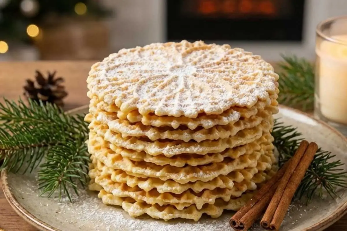 Why This Italian Pizzelle Cookie Works A tall stack of crisp, golden Italian pizzelle cookies lightly dusted with powdered sugar, sitting on a rustic plate garnished with fresh pine sprigs and cinnamon sticks.