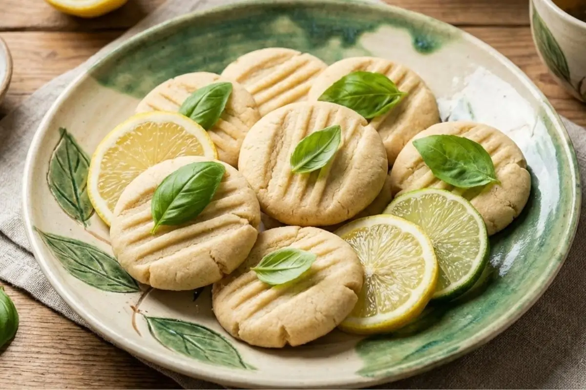 Why This Lemon Lime Basil Italian Shortbread Cookie Works A rustic green and cream ceramic plate filled with freshly baked lemon lime basil Italian shortbread cookies, beautifully garnished with fresh basil leaves, lemon wheels, and lime slices on a cozy wooden table.
