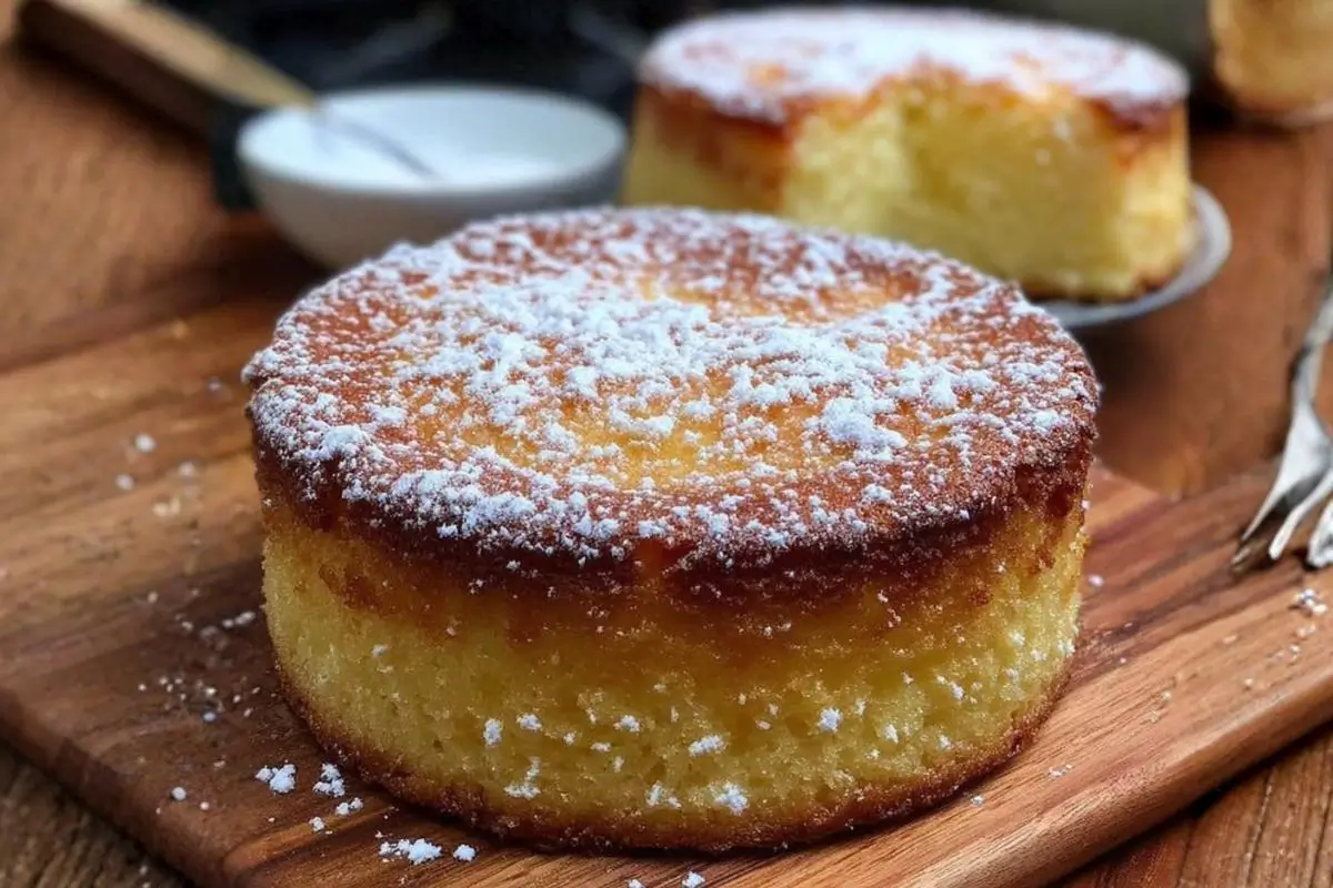 Why This Limoncello Ricotta ‘Cloud Cake’ Actually Works A beautifully golden, powdered sugar-dusted limoncello ricotta cake resting on a rustic wooden cutting board, looking incredibly moist and fluffy.