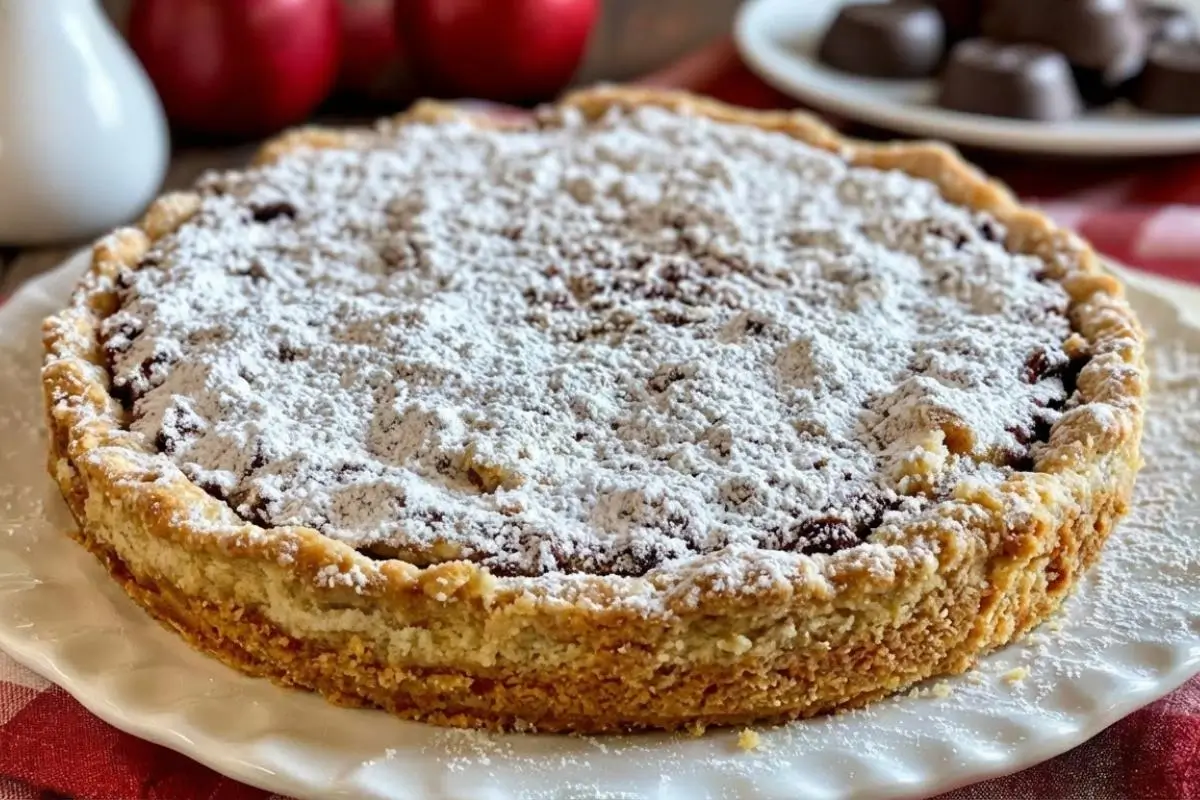 Why This Ricotta Crostata Works A whole, freshly baked ricotta crostata with a golden, crumbly crust, generously dusted with powdered sugar and sitting on a white scalloped plate over a red and white checkered cloth.