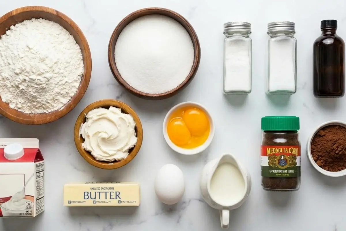 Why This Tiramisu Cupcake Works An overhead view of the essential tiramisu cupcake ingredients laid out on a bright counter, featuring flour and sugar in rustic wooden bowls, fresh eggs, espresso powder, and rich mascarpone cheese.