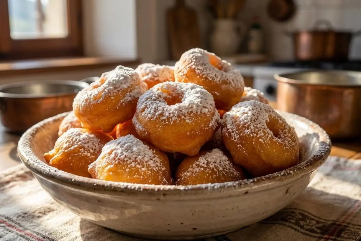 Why This Zeppole Works A rustic ceramic bowl overflowing with freshly fried homemade Italian zeppole, generously dusted with powdered sugar, sitting on a vintage linen cloth in a sun-drenched, cozy kitchen.