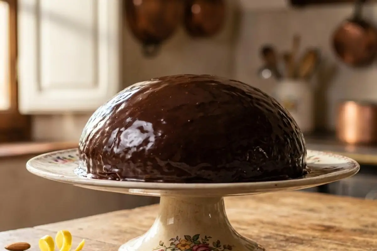 Why This parrozzo Works A rich, glossy chocolate-glazed dome cake made from an authentic Parrozzo recipe, resting gracefully on a vintage floral cake stand in a warm, rustic kitchen lit by the afternoon sun.