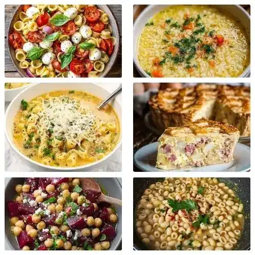 comforting Italian family meals A rustic collage showcasing comforting Italian family meals, featuring a fresh tomato and mozzarella pasta salad, warm bowls of pastina and creamy bean soups, a hearty savory meat pie, and a vibrant beet and chickpea salad.