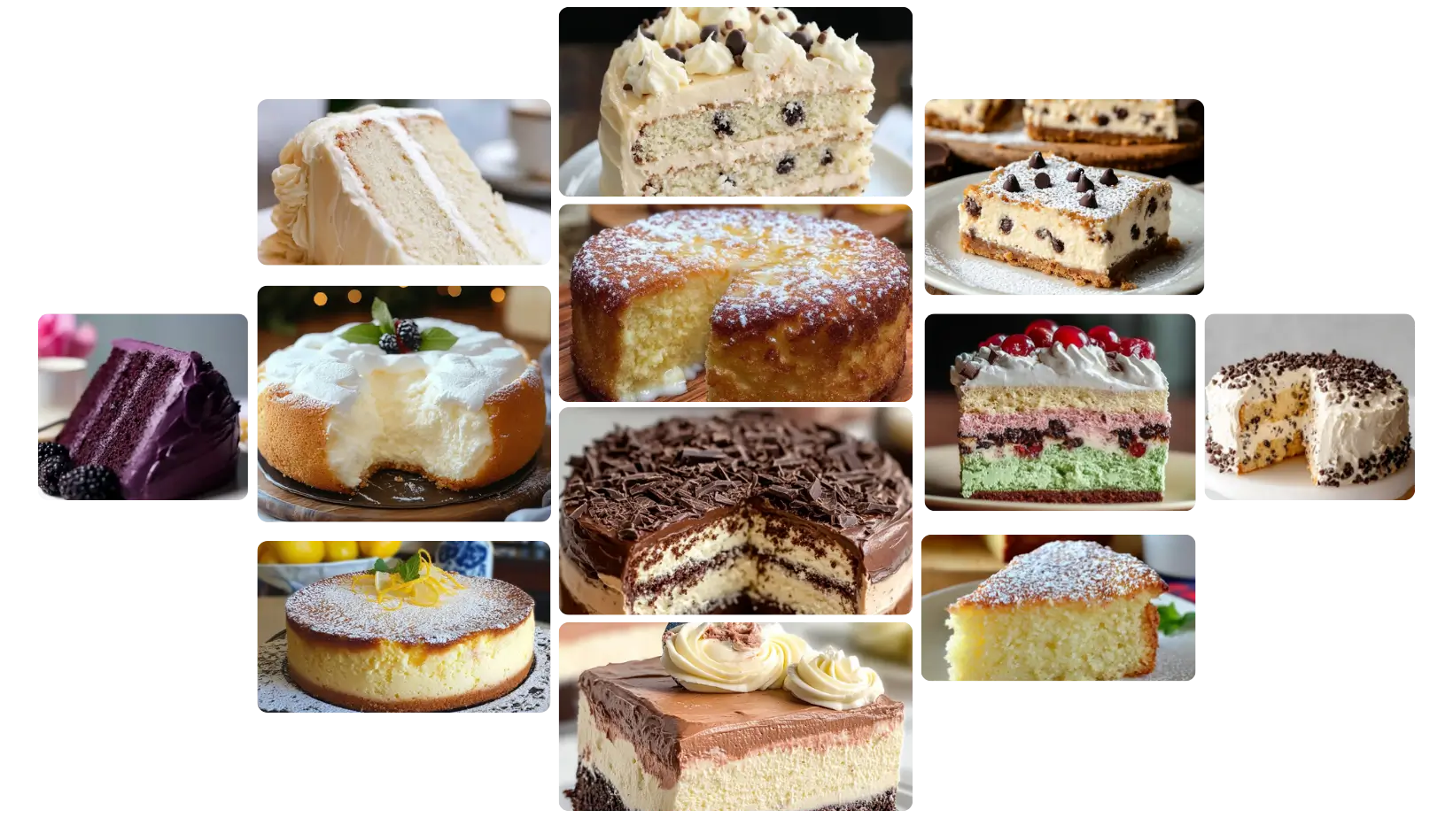 homemade cake recipes roundup A comforting collection of our favorite homemade cake recipes, featuring slices of rich chocolate cake, rustic lemon sponge, and creamy cheesecake served on vintage plates.