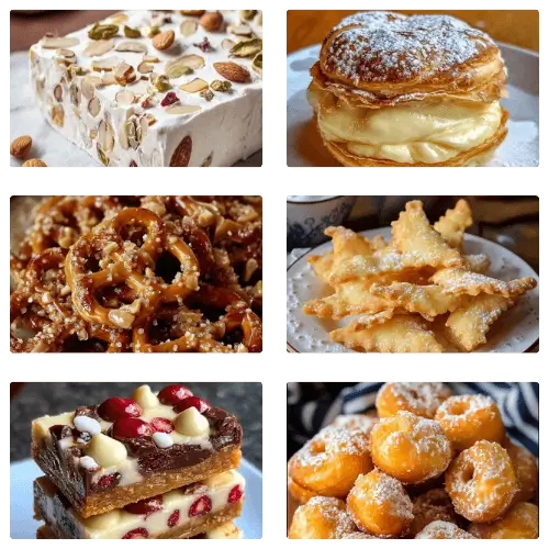 nostalgic holiday treats A cozy, rustic collage of nostalgic holiday treats, featuring homemade nut nougat, a cream-filled pastry, caramel nut pretzels, powdered angel wing cookies, cranberry chocolate bars, and mini powdered donuts.