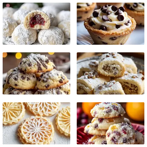 raspberry jam snowball cookies A cozy, rustic collage showcasing classic holiday cookie recipes, including powdered jam thumbprints, mini chocolate chip cookie cups, nut roll-ups, delicate pizzelles, and cranberry fruit cookies.