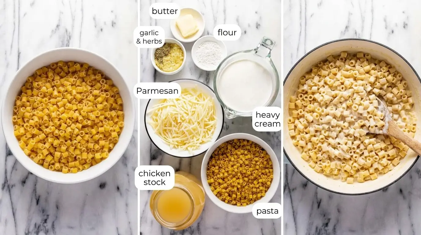 5 Ingredients for Parmesan Pasta Soup A step-by-step collage for Parmesan Pasta Soup showing dry ditalini pasta, Parmesan, cream, broth, butter, flour, garlic and herbs, and the finished creamy pasta soup in a pot.
