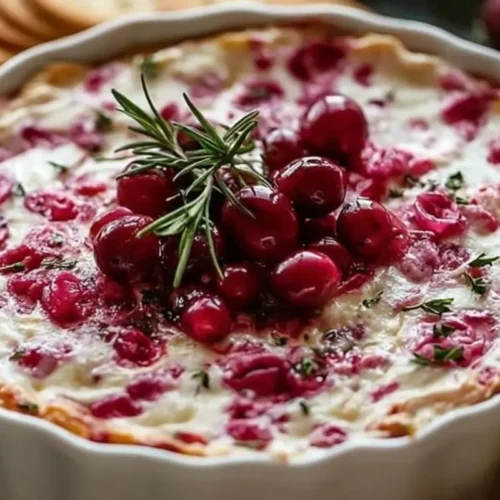 Rena’s Baked Cranberry Cream Cheese Dip: The 10-Minute Holiday MVP That Saves the Party Baked Cranberry Cream Cheese Dip A close-up view of a warm baked cranberry cream cheese dip in a rustic white fluted baking dish, beautifully topped with roasted cranberries, a sprig of fresh rosemary, and surrounded by round crackers for dipping.