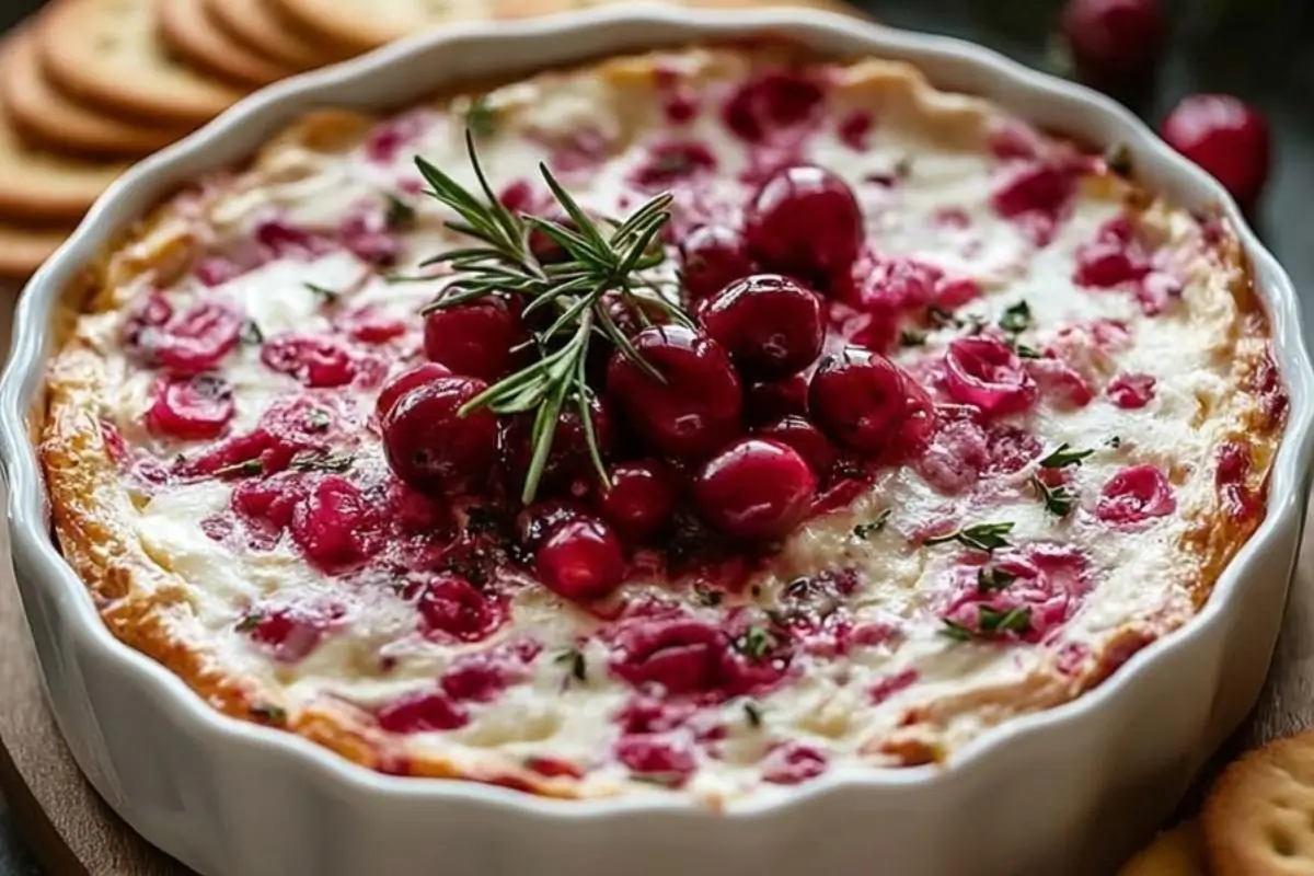 Rena’s Baked Cranberry Cream Cheese Dip: The 10-Minute Holiday MVP That Saves the Party Baked Cranberry Cream Cheese Dip A close-up view of a warm baked cranberry cream cheese dip in a rustic white fluted baking dish, beautifully topped with roasted cranberries, a sprig of fresh rosemary, and surrounded by round crackers for dipping.