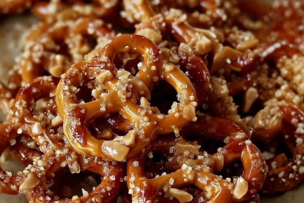 Mama’s "Sticky Hugs": The Most Addictive Butter Toffee Pretzels Butter Toffee Pretzels A close-up of beautifully glossy butter toffee pretzels resting on a piece of parchment paper, generously sprinkled with sweet toffee bits and coarse sugar.