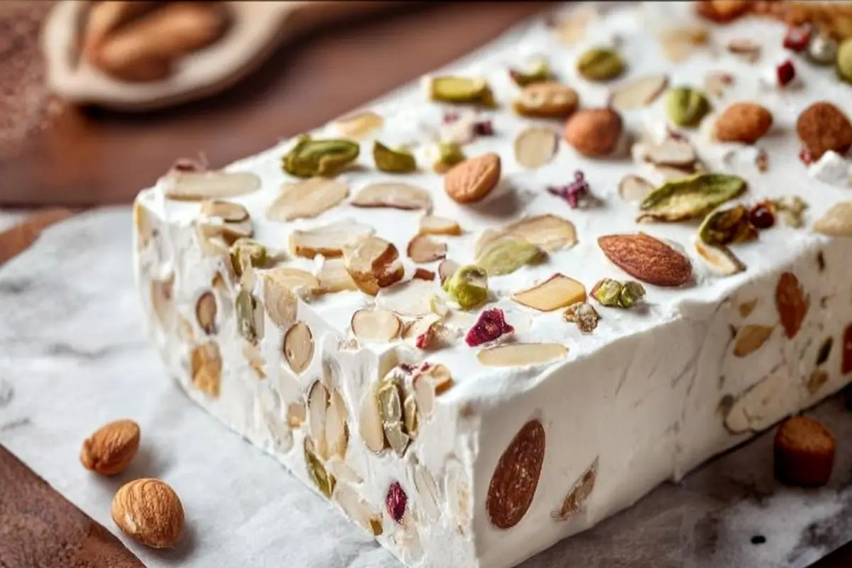 Classic Italian Torrone Recipe: A Foolproof Guide to Nonna’s Holiday Masterpiece Classic Italian Torrone A beautiful, thick block of homemade classic Italian torrone packed with toasted almonds and pistachios, resting on rustic parchment paper.