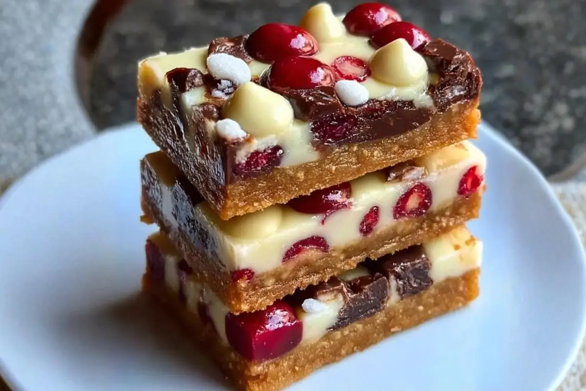 Mom’s Magical Cranberry Cookie Bars (A Foolproof Holiday Showstopper) Cranberry Cookie Bars A vertical stack of three thick cranberry cookie bars loaded with white chocolate chips and tart red cranberries on a white plate.