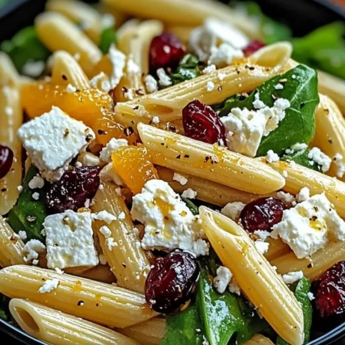 Cranberry Feta Pasta Salad: A Vibrant, Nostalgic Bowl Everyone Will Love Cranberry Feta Pasta Salad A close-up view of a vibrant Cranberry Feta Pasta Salad served in a rustic dark bowl, featuring penne pasta, fresh baby spinach, sweet mandarin oranges, tart dried cranberries, and crumbled feta cheese lightly tossed with freshly cracked black pepper.
