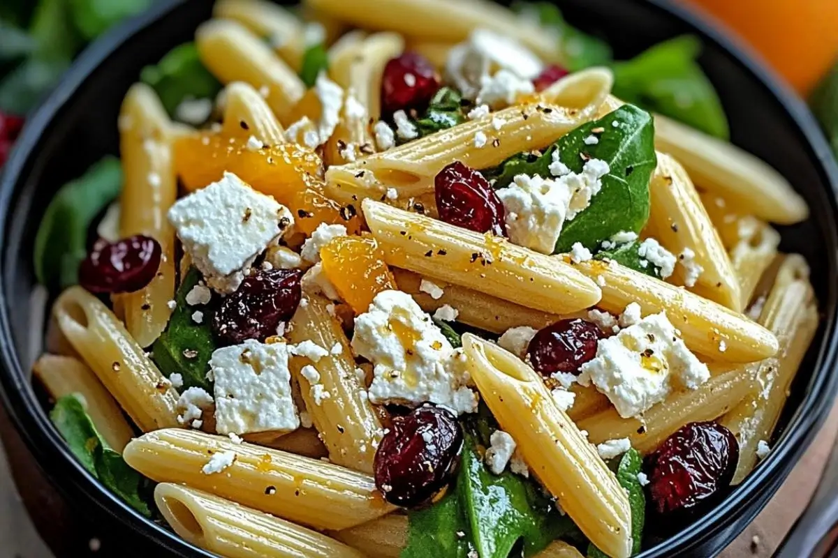 Cranberry Feta Pasta Salad: A Vibrant, Nostalgic Bowl Everyone Will Love Cranberry Feta Pasta Salad A close-up view of a vibrant Cranberry Feta Pasta Salad served in a rustic dark bowl, featuring penne pasta, fresh baby spinach, sweet mandarin oranges, tart dried cranberries, and crumbled feta cheese lightly tossed with freshly cracked black pepper.