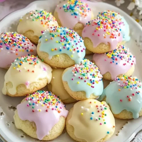 Foolproof Easter Anisette Cookies (The Soft & Tender Italian Classic) Easter Anisette Cookies A vintage white scalloped plate filled with beautifully glazed Italian ricotta cookies topped with colorful rainbow sprinkles, set against a bright, nostalgic backdrop of spring flowers.