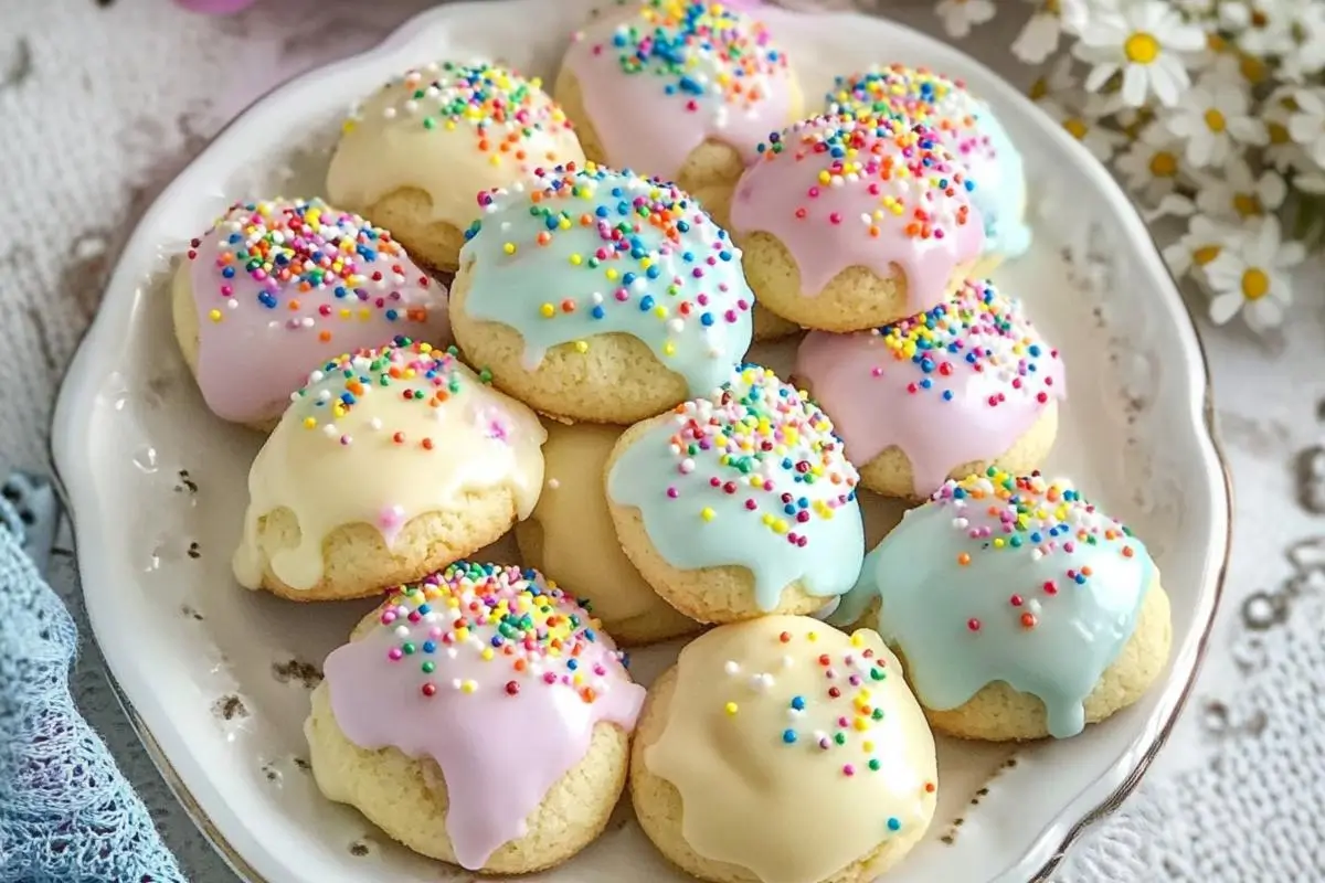 Foolproof Easter Anisette Cookies (The Soft & Tender Italian Classic) Easter Anisette Cookies A vintage white scalloped plate filled with beautifully glazed Italian ricotta cookies topped with colorful rainbow sprinkles, set against a bright, nostalgic backdrop of spring flowers.