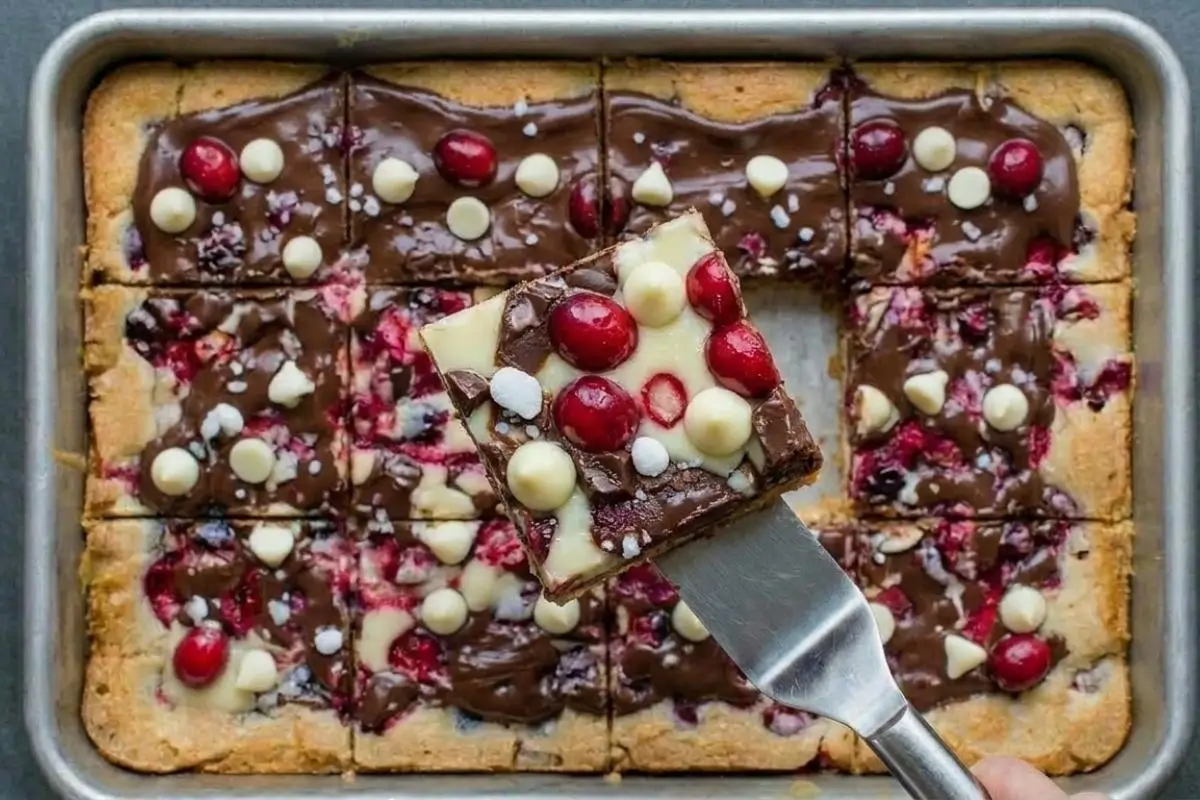 Freezing for Your Cranberry Cookie Bars A decadent cranberry cookie bar topped with chocolate and fresh berries being lifted from a baking pan with a metal spatula, demonstrating how perfectly they hold up when freezing cranberry cookie bars.