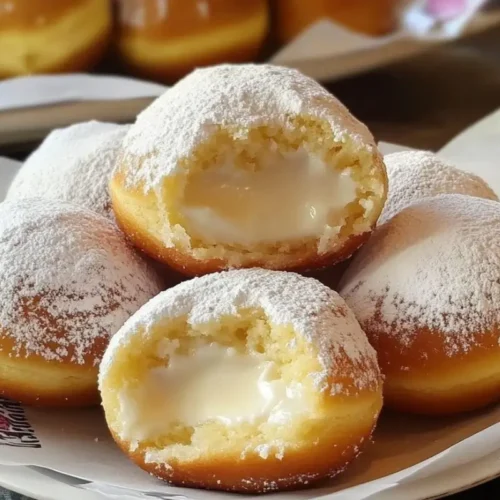 Golden Italian Custard Bomboloni: A Foolproof Recipe for Messy Happiness Golden Italian Custard Bomboloni A rustic plate filled with warm, golden Italian custard bomboloni generously dusted with powdered sugar, with the front two donuts torn open to reveal a rich and smooth vanilla pastry cream filling.