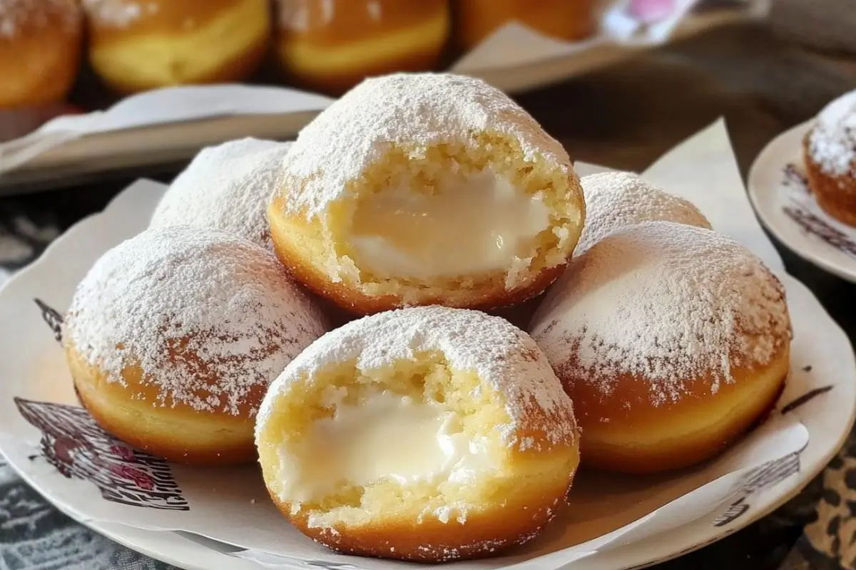 Golden Italian Custard Bomboloni: A Foolproof Recipe for Messy Happiness Golden Italian Custard Bomboloni A rustic plate filled with warm, golden Italian custard bomboloni generously dusted with powdered sugar, with the front two donuts torn open to reveal a rich and smooth vanilla pastry cream filling.