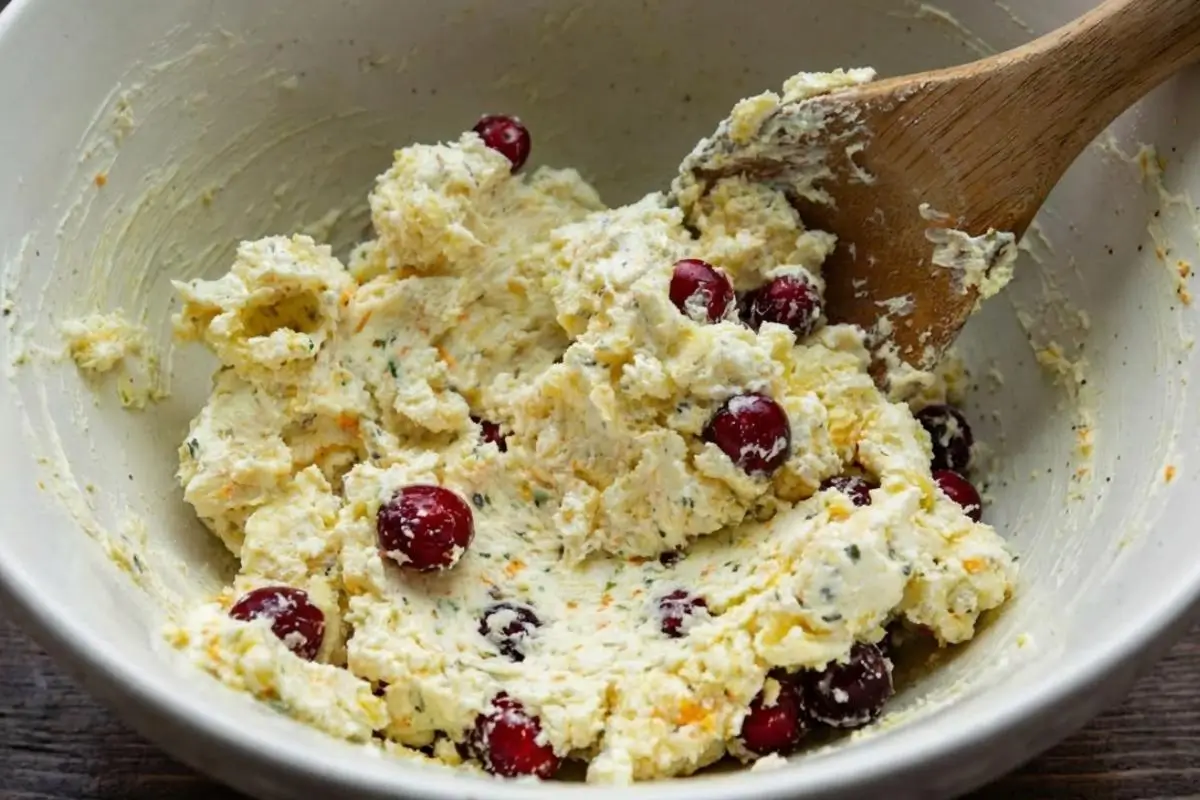 How to Make Baked Cranberry Cream Cheese Dip A close-up view of a wooden spoon mixing the creamy base for a baked cranberry cream cheese dip in a white bowl, gently folding in whole fresh red cranberries.