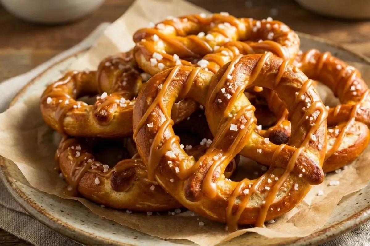 How to Make Butter Toffee Pretzels Step-by-Step A rustic, speckled plate lined with parchment paper holding a beautiful stack of soft, golden-brown pretzels generously drizzled with warm caramel and finished with coarse sea salt, illustrating the delicious final result of how to make butter toffee pretzels.