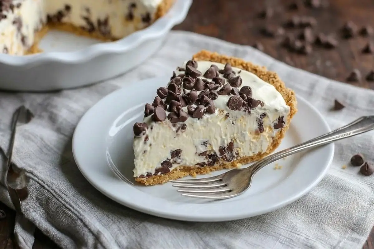 How to Make Chocolate Chip Cannoli Pie A beautiful slice of chocolate chip cannoli pie served on a classic white plate with a vintage silver fork, resting on a soft linen napkin over a rustic wooden table, with the remaining pie in the background.