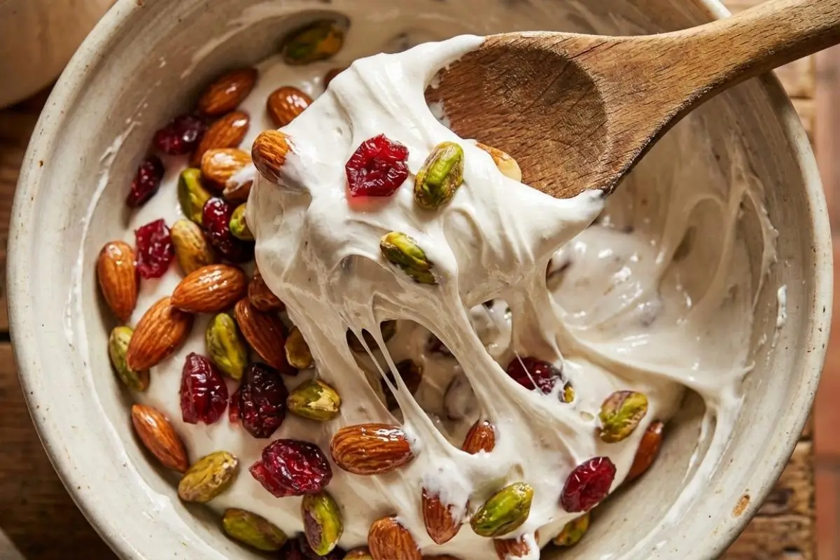 How to Make Classic Italian Torrone A wooden spoon pulling a thick, stretchy, sweet white nougat mixture out of a rustic ceramic bowl, demonstrating how to make classic Italian torrone loaded with toasted almonds, pistachios, and dried fruit.